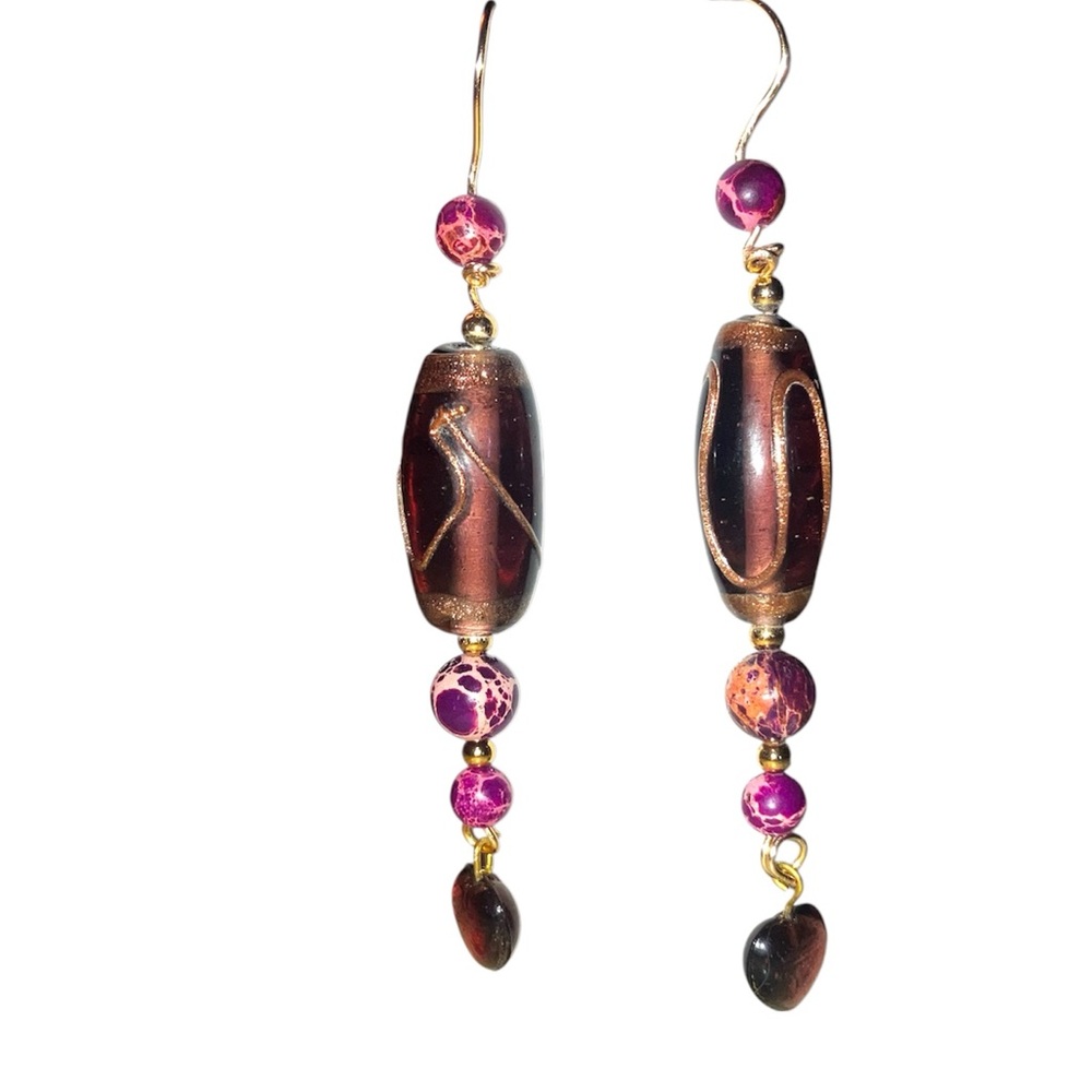 Handmade purple with gold glitter swirl long glass pierced earrings new